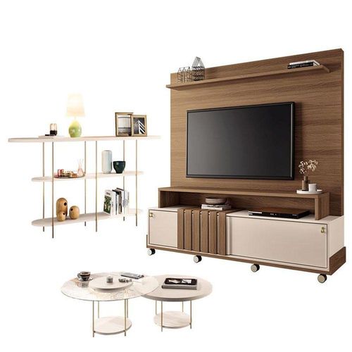 Estante Home Theater Bold Off White Castanho E Aparador Infinity E Kit Mesa De Centro Sky Off White - Hb Móveis