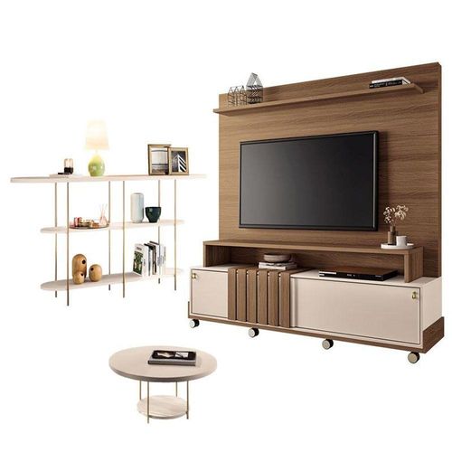 Estante Home Theater Bold Off White Castanho E Aparador Infinity E Mesa De Centro Sky Off White - Hb Móveis