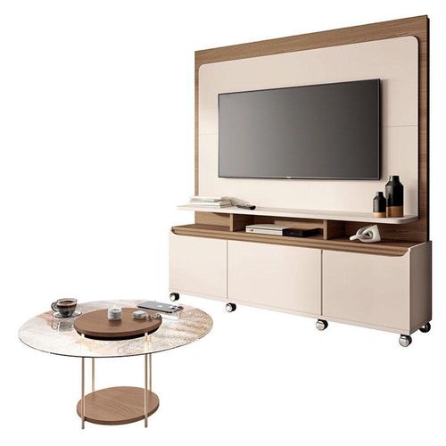 Estante Home Theater Quantum Off White Castanho E Mesa De Centro Sky Com Tampo De Vidro Castanho- Hb Móveis