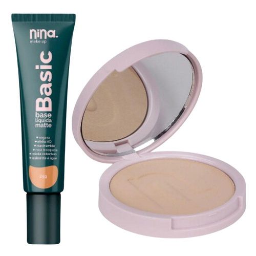 Kit Nina Makeup Base Líquida Basic+pó Compacto Instant Cor 3
