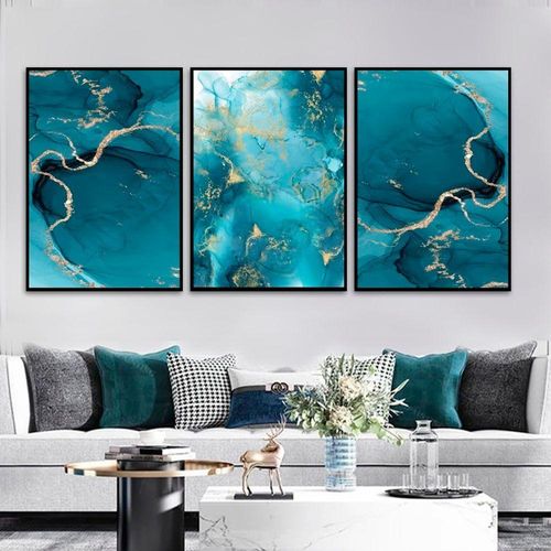Kit Com 3 Quadros Decor 60x40 Cm Abstrato Marmorizado Azul