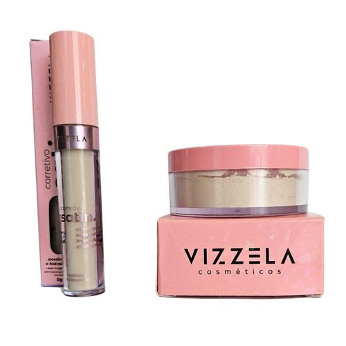 Kit Vizzela Corretivo Satin Cor1+ Pó Facial Satin Powder - Acabamento com Alta Qualidade