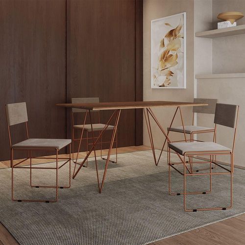 Mesa Jantar Industrial Trama 1,40X0,80M Amêndoa Com 4 Cadeiras Estofadas Vitória Bege E Cobre