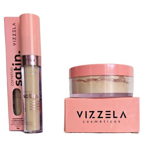 Kit Vizzela Corretivo Satin Cor 3 + Pó Facial Satin Powder - Acabamento de Alta Qualidade