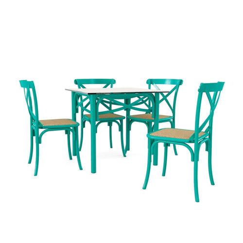 Conjunto Katrina Azul Turquesa 4 Cadeiras Tampo De Madeira Quadrado 90 Cm New Green - Marrom