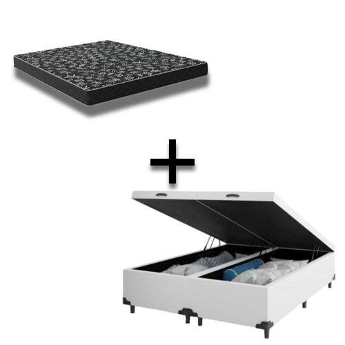 Cama Baú Casal 138 Bipartido Tecido Sintético Branco Com Colchão Espuma D20 - Tampo Preto Bello 12cm