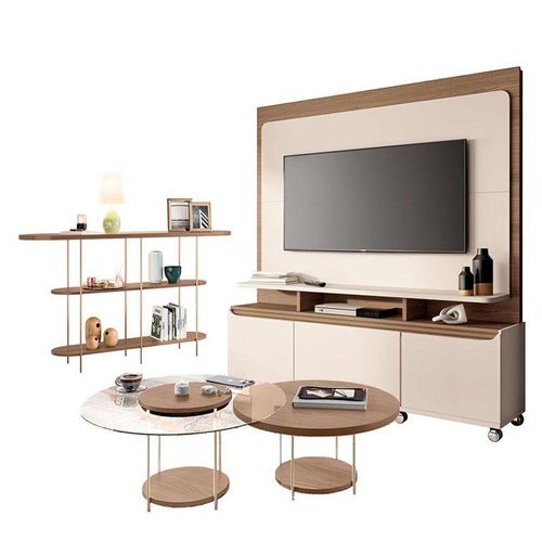 Estante Home Theater Quantum Off White Castanho E Aparador Infinity E Kit Mesa De Centro Sky Castanho- Hb Móveis