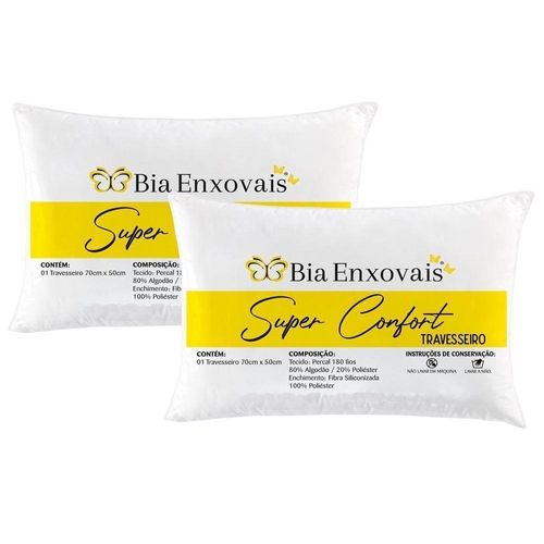 Kit 2 Travesseiros 50x70cm Antialérgico Lavável Fibra Siliconada Macio Confort - Disponível cor Branco.