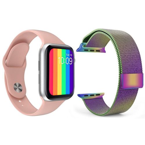 Kit 1 Smartwatch Iwo12 Lite Rosa + 1 Pulseira Aço Arco Íris