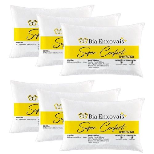 Kit 6 Travesseiros 50x70cm Antialérgico Lavável Fibra Siliconada Macio Confort - Estilo na cor Branco