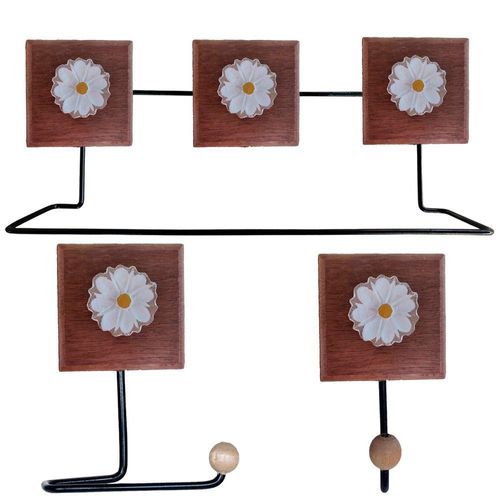 Kit Banheiro 3 Peças Toalheiro Cabideiro Porta Papel Papel Com Flores Coloridas Cor Branco