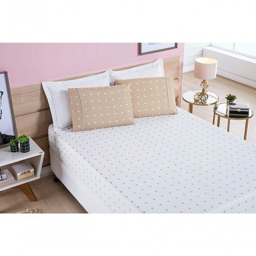 Jogo De Cama Lençol 200 Fios Petit Poá Queen 03 Peças - Caqui