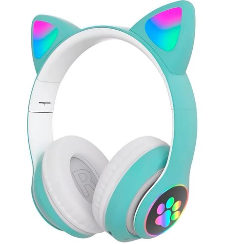 Fone Headset Bluetooth Colorido Com LED Sem Fio Gatinho Cor:Verde Claro