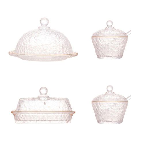 Kit Queijeira + Manteigueira + Meleira + Açucareiro De Cristal Martelado Com Fio De Ouro Petra Lyor