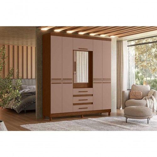 Guarda Roupa Casal New Fusion 6 Portas de Bater 3 Gavetas MDP com Espelho Nogueira Cappuccino 186CM