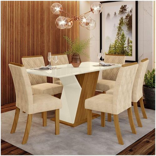 Conjunto Sala De Jantar Mesa 160cm Vidro 6 Cadeiras Lupita Casa 812 Nature Off White E Linho