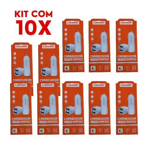 10 Carregador Veicular 3.1a Com 2 Portas Usb