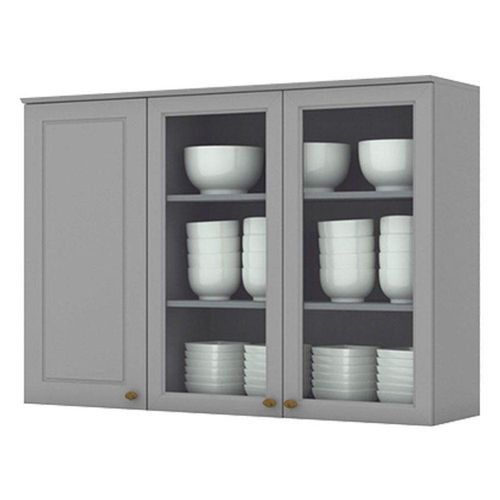 Armário Aéreo 3 Portas Com Vidro 120 Cm Americana Cinza - Henn