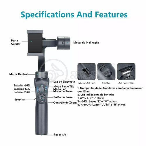 Estabilizador De Mão Eletrônico Portátil 3 Eixos Bluetooth