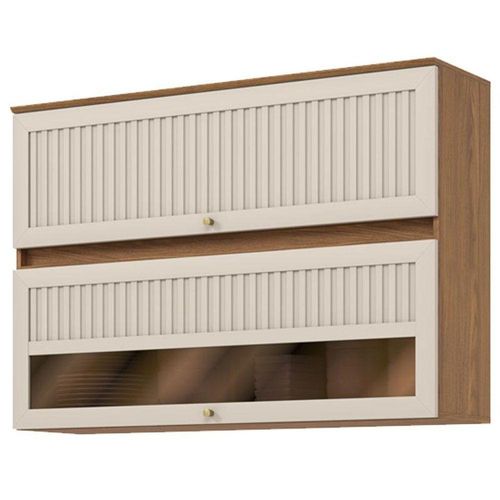 Armário Aéreo 2 Portas Basculantes Ripado Com Vidro 120 Cm Requinte Areia - Henn