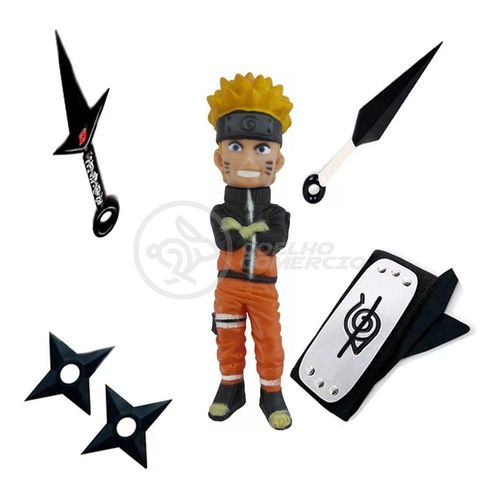 Kit Boneco Naruto 15Cm + 2 Shuriken + 1 Bandana + 2 Kunai