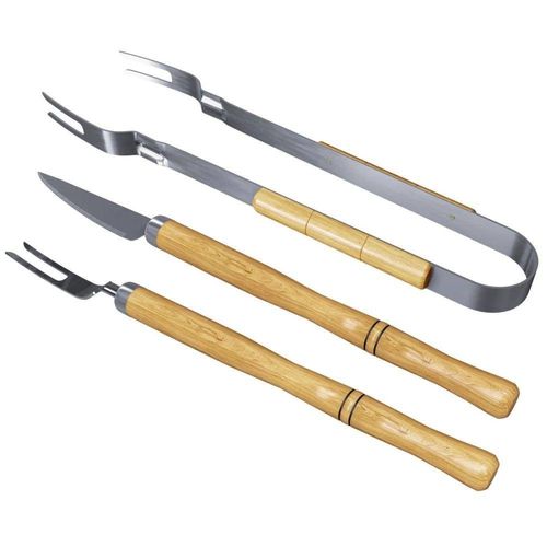 Kit Churrasco 3 Peças Garfo + Faca + Pegador Em Aço Inox E Cabo De Madeira