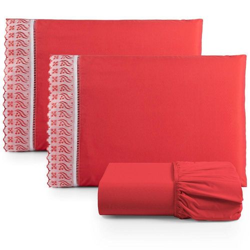 Jogo De Lençol Casal Suave Barrado Lese 3 Peças Barato - Vermelho