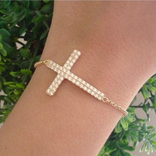 Pulseira Cruz Cravejada Com Pedras De Zircônia Banhada A Ouro