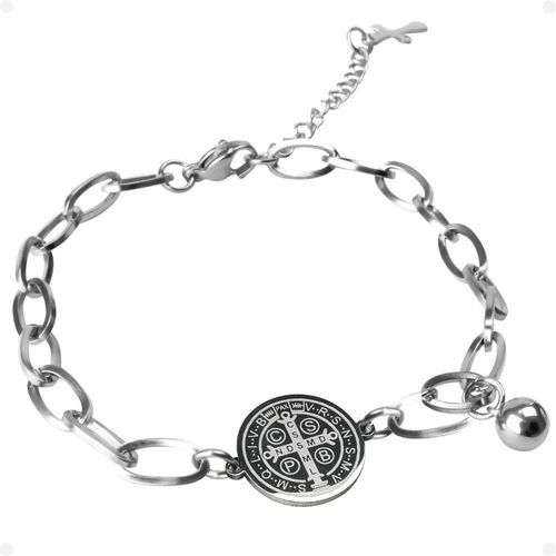 São Bento Pingente + Aço Inoxidável Pulseira Masculina Prata Oração Social Casual Medalha Religiosa