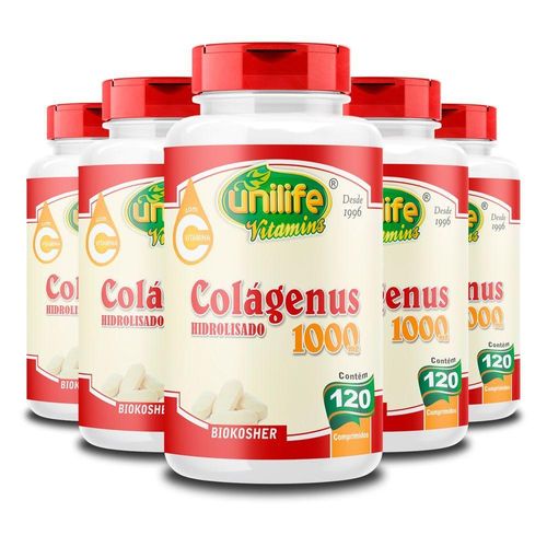 Kit 5 Colágenus Hidrolisado 1000mg Unilife 120 Comprimidos