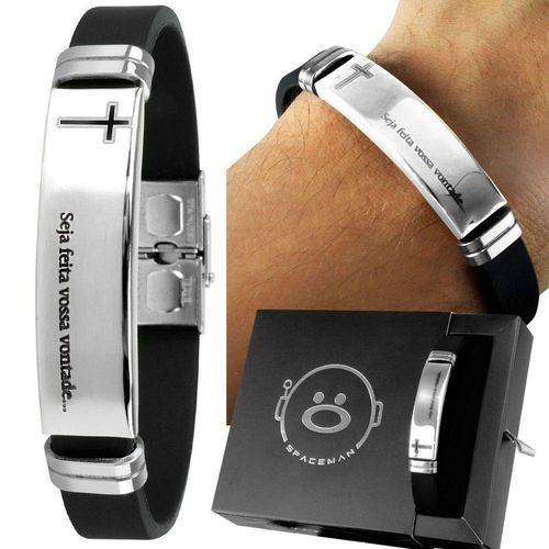 Pulseira Masculina Prata Placa Aço Inox Pai Nosso + Caixa Casual  Presente Ajustavel Social