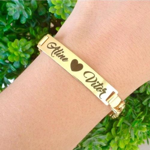 Pulseira De Chapa Com Gravação A Laser Banhado A Ouro