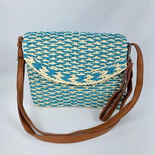Bolsa Feminina Tiracolo Transversal De Palha Moda Praia Verão azul