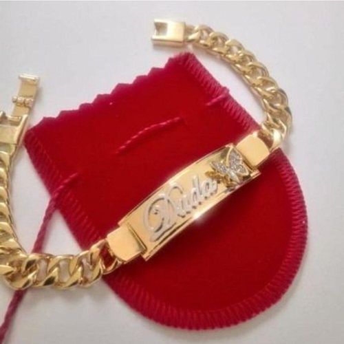 Pulseira Chapa Personalizada Com Borboleta Cravejada Banhado A Ouro