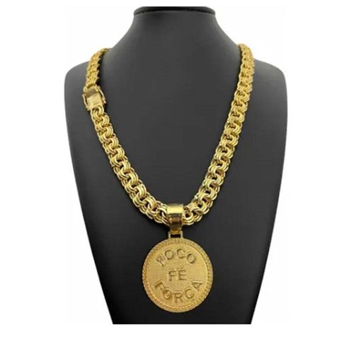 Cordão Corrente Banhado Ouro 12Mm C/ Pingente Fé Força Foco