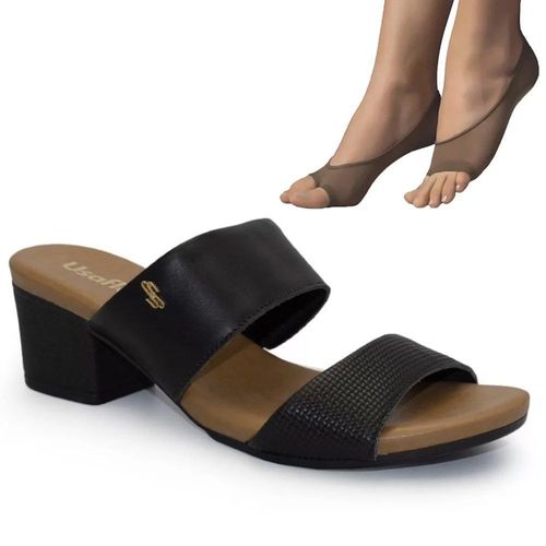 Kit Tamanco Usaflex Salto Bloco Feminino + 2 Pares de Meias