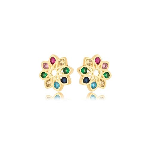 Brinco Flor Colorida Banhada A Ouro 18k