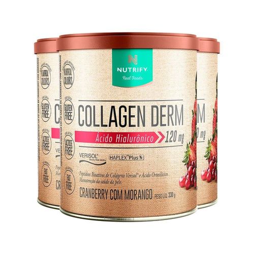 Kit 3 Collagen Derm Hialurônico Cranberry Com Morango Nutrify 330g