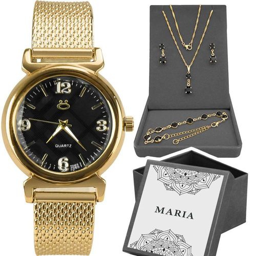 Relogio Feminino Aço Inox + Colar Strass + Pulseira Strass Casual Dourado Moda Presente Ajustavel