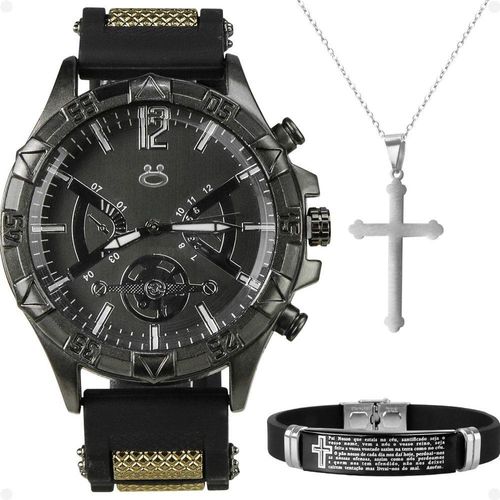 Relogio Masculino Aço Preto + Colar Crucifixo Robusto Religioso Oração Pai Nosso Prata Ajustavel
