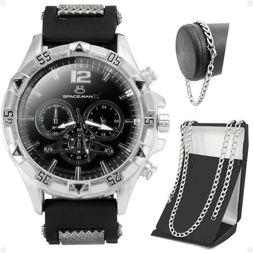 Relogio Masculino Aço Inox + Cordão Prata Grumet + Pulseira Casual Black Piano Qualidade Premium
