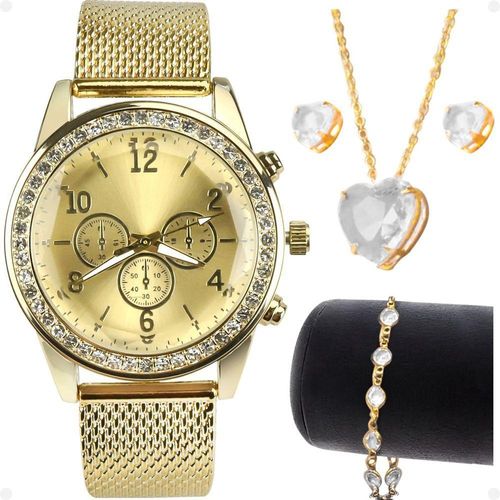 Relogio Feminino Strass Dourado + Brincos + Pulseira + Colar