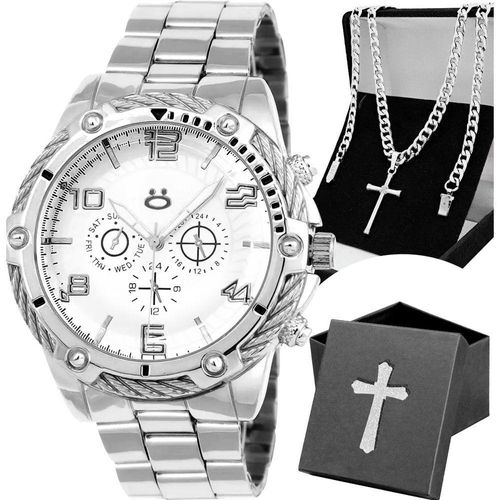 Relogio Masculino Prata + Caixa Religiao Original Cruz Jesus