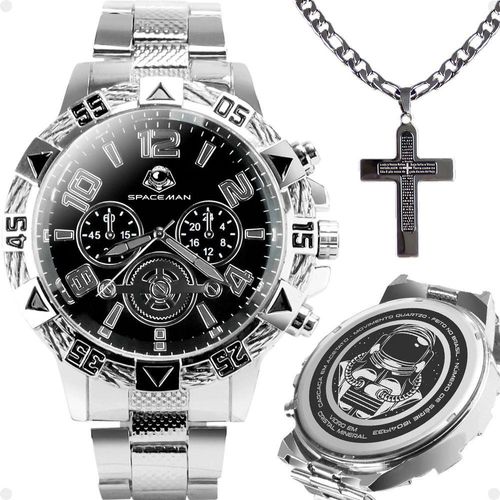 Relogio Masculino Aço Inox Prova Dagua + Cordão Crucifixo Religioso Original Pesado Mostrador Preto