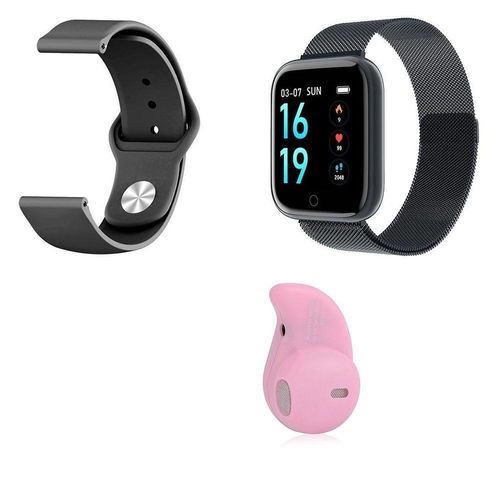 Kit 1 Relógio Smartwatch P70 Preto Android Ios + 1 Pulseira Extra + 1 Mini Fone Bluetooth Rosa