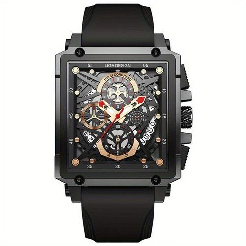 Relógio Masculino Lige, Quadrado De Pulso à Prova D'água Com Pulseira De Silicone Quartzo Esportivo Preto
