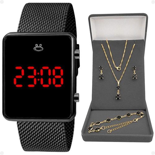 Relogio Preto Digital Feminino + Brincos + Colar Strass Quadrado Casual Pulseira Ajustável Presente