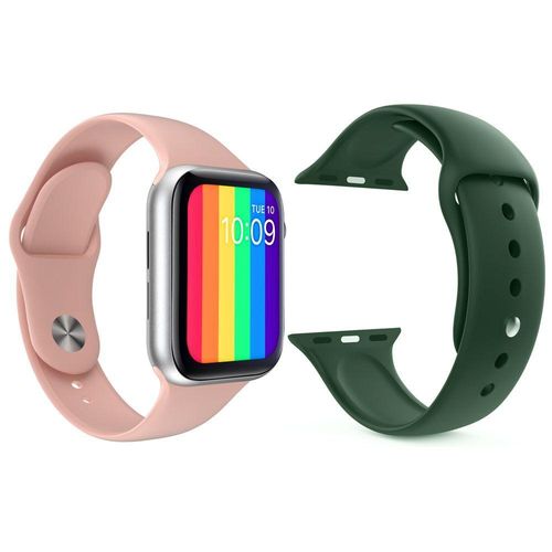 Kit 1 Smartwatch Rosa + 1 Pulseira Silicone Verde Escuro
