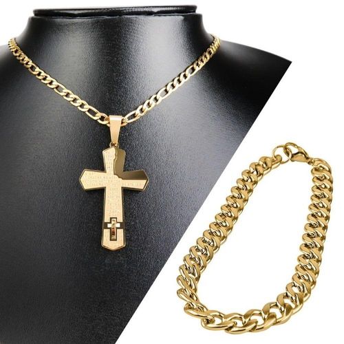 Pingente Cruz Pai Nosso + Cordão Aço Banhado Ouro + Pulseira Qualidade Premium  Presente