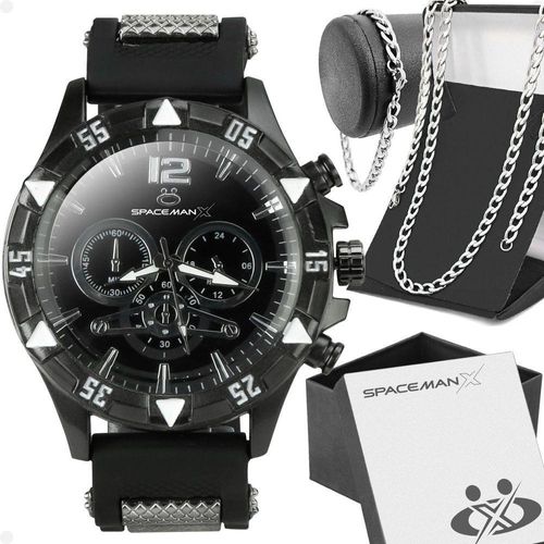 Relogio Masculino Preto + Cordão Prata Grumet + Pulseira
